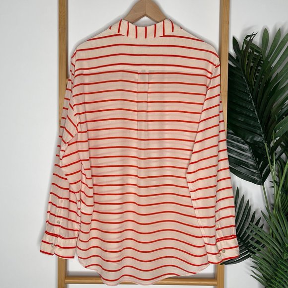 SOLD Equipment Femme Orange Striped Silk Shirt Blouse Top Size L Long Sleeve - Picture 2 of 12